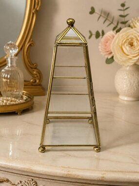 Vintage Brass Pyramid Glass Curio Cabinet Footed Display 3 Tier Shelf Door Latch